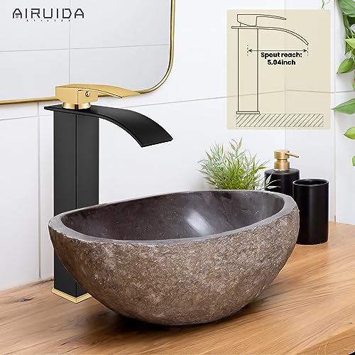 Airuida Vessel Sink Faucet, Black&Gold Tall Waterfall Bathroom Faucet | Single Handle,Tall Bathroom Faucet 1 Hole,Vanity Faucet,without Drain,Bowl Bathroom Faucet - color: Matte Black&Brushed Gold