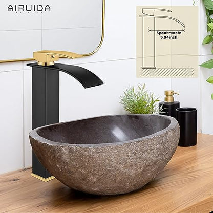Airuida Vessel Sink Faucet, Black&Gold Tall Waterfall Bathroom Faucet | Single Handle,Tall Bathroom Faucet 1 Hole,Vanity Faucet,without Drain,Bowl Bathroom Faucet - color: Matte Black&Brushed Gold