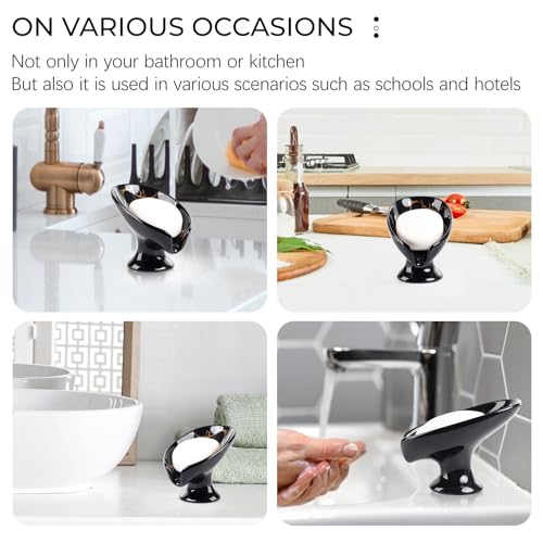 Soap Dish, Ceramic Soap Holder Self Draining Leaf Shape Bar Soap Holder, Marble Look Black Drain Soap Dish Holder for Bathroom, Easy to Clean Keeps Soap Dry, ANTIS'S HOME - color: 1pcs-black