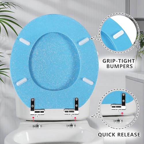 Angol Shiold Glitter Toilet Seat Molded Wood Round Toilet Seat with Quietly Close and Quick Release Hinges, Easy to Clean also Easy to Install (Round 16.5'', Blue) - color: Blue, size: Round 16.5‘’