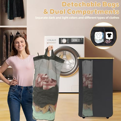 Rolling Laundry Hamper with Lid & Wheels, 110L Slim Double Black Laundry Hamper 2 Section, Narrow Large Laundrys Hampers with Removable Bags&Breathable Mesh, Dirty Clothes Hampers for Bedroom - color: 110L-Black