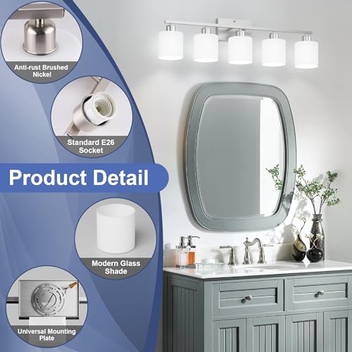 Bathroom Lights Over Mirror Brushed Nickel, Anti-Rust 5-Light Bathroom Vanity Light Fixtures, Modern 28.34Inches Wall Sconces E26 Base, Milky White Glass Shades, Bulbs Not Included - color: Brushed Nickel-5Light