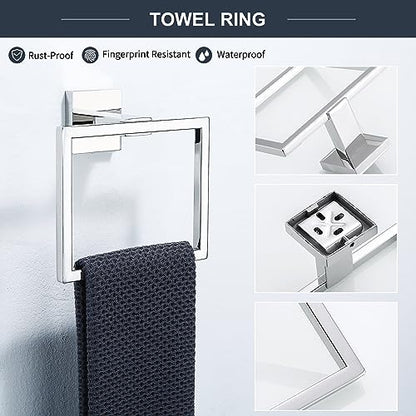 TQKAG 6-Piece Towel Bar Set, 23.6" Bathroom Hardware Set, Polished Chrome | SUS304 Stainless Steel, Chrome Bathroom Accessories Include Toilet Paper Holder, Towel Bar, Towel Ring, Coat Hook, Wall Mount - color: Polished Chrome, size: 6-Pieces Set-A