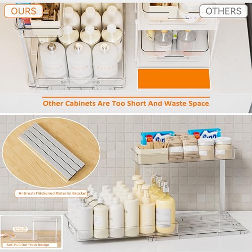 2 Pack 14.6″ Deep Pull Out Under Sink Organizer,10.8″ High 2 Tier Slide Out Cabinet Organizer for Kitchen Cabinet,Undersink Organizers,Under Sink Shelves,Bathroom Organizers and Storage,Clear - size: 10.8 In High