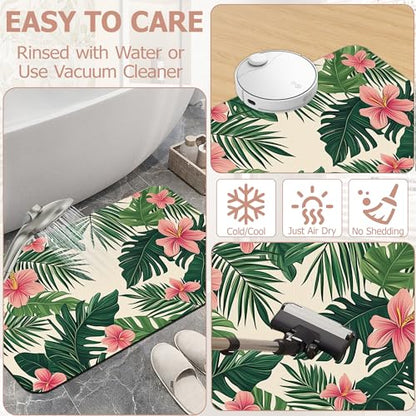 Tropical Leaves Bath Mat,Pink Flower Diatomaceous Earth Bath Mat,Rubber Backing Quick Dry Absorbent Washable Bathroom Rugs for Tub Non Slip 17"x29.5" - color: Tropical Leaves,pink Flower