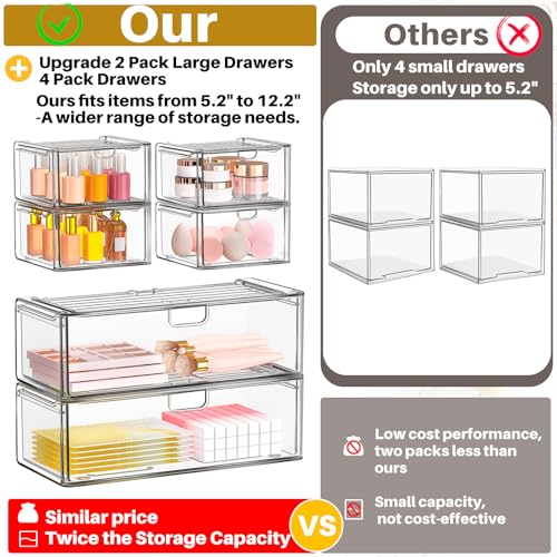 6-Pack Acrylic Stackable Storage Drawers for Vanity, Desk, Bath | 2 large & wide 13" drawers, Smooth-glide, stackable, clear body, dustproof, wipe clean, for makeup, pantry jars, under sink - style: 2 Large+4 Medium Drawers