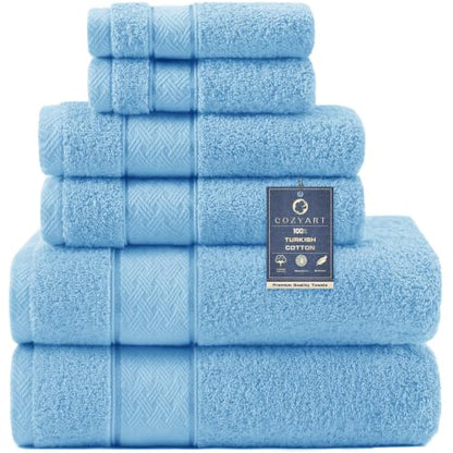 COZYART Bath Towel Set 6 PCS, Sky Blue 100% Turkish Cotton 650GSM Soft | Absorbent Quick Dry, OEKO‑Tex 100 Cert. Zero Twist Ring Spun Cotton, Plush Fluffy, Breathable Hotel Quality Bathroom Towels - color: Light Blue