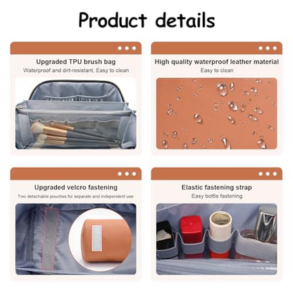 BOYATU Travel Makeup Bag Organizer Cosmetic Bag: 3 Pcs Set Make up Bags for Women with Handle - Waterproof Vegan Leather Toiletry Bags Travel Essentials Pouch with Compartments (C-02-Brown) - color: 04-B-Brown