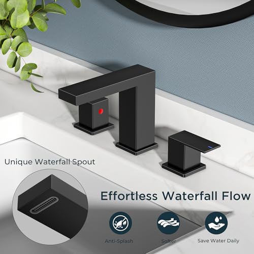 FORIOUS Waterfall Black Bathroom Faucet 3 Hole, 8 Inch Widespread Faucets | Waterfall Bathroom Faucet Widespread, Matte Black Faucet for Bathroom Sink 3 Holes Vanity with Drain and Hoses for Wholesale - color: Matte Black, style: Transitional