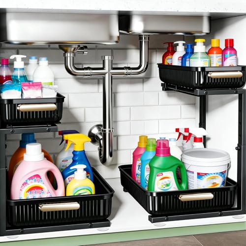 ARSTPEOE Under Sink Organizer - 2 Pack Multi-Purpose Pull-Out Storage Shelf | Slide out Pull out Cabinet Organizer Shelf, Storage for Kitchen Bathroom - color: Black, size: 2 Pack
