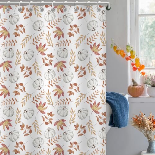 Moutina Maple Leaves Pumpkin Shower Curtain, Autumn Thanksgiving Home Decor Fall Bathtub Bathroom Curtain Set - 72x72 Inch Waterproof Polyester Fabric with Hooks - color: Fall-1