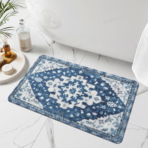 Uphome Boho Bathroom Rugs Blue Vintage Non-Slip Bath Rug Oriental Soft Machine Washable Bathroom Mat Cute Tribal Floral Bath Mats for Bathroom Decor for Sink Shower Toilet, 20x31 inch - color: Blue, size: 20x31 inch