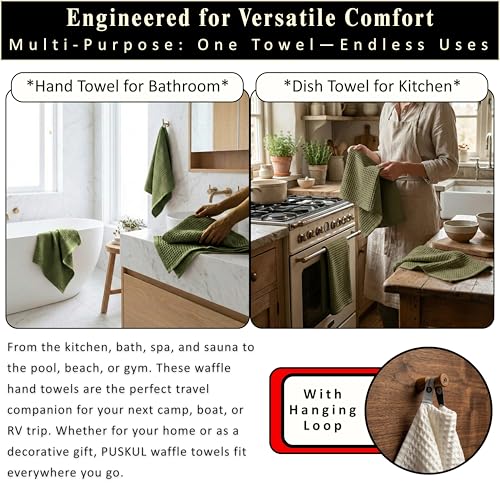 PÜSKÜL Natural 100% Turkish Cotton Waffle Hand and Kitchen Towels Set of 3 | Khaki Green, Large 32x16 inc, Honeycomb-Waffle weave towel for bathroom & kitchen. Premium quality oeko-tex made in Turkey. - color: Khaki Green, size: Kitchen & Hand Towels Pack