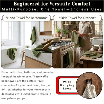 PÜSKÜL Natural 100% Turkish Cotton Waffle Hand and Kitchen Towels Set of 3 | Khaki Green, Large 32x16 inc, Honeycomb-Waffle weave towel for bathroom & kitchen. Premium quality oeko-tex made in Turkey. - color: Khaki Green, size: Kitchen & Hand Towels Pack