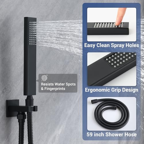 Thermostatic Dual Shower Head System, Matte Black Shower Faucet | 12 Inch Ceiling Rainfall Shower, 6 Inch Wall Mount Head, High Pressure Handheld Sprayer, Push Button Valve - color: Matte Black