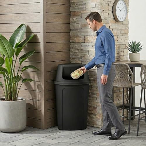 Corner Round Trash Can with Push Door Lid, 21 Gallon, Black, Indoor Commercial Use