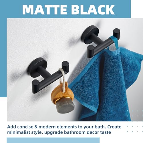 Matte Black Double Towel Hooks for Bathrooms, 2 Pack, Wall Mounted | Rustproof 304 Stainless Steel, Heavy-duty 11lbs Robe Hooks for Towels, Coats, Bags, Shower, Kitchen, Entryway Storage Hook - color: Matte Black