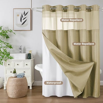 Colorful Star No Hook Shower Curtain with Snap in Fabric Liner, Waffle Weave Heavy Duty Thick Shower Curtains with Mesh Top Window, Hotel Style Waterproof Bathroom Curtain Set, 72 x 87 Inch, Beige - color: Beige, size: 72"W x 87"L (Pack of 1)