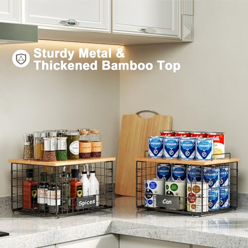 2 Pack Stackable Wire Baskets with Bamboo Top,Pantry Organizers Counter | Potato and Onion Storage Bin with Labels & 2 Pads, Kitchen Organization for Fruit, Vegetable, Produce, Bread, Cabinet - size: XXL-15.2x11.02x9.84