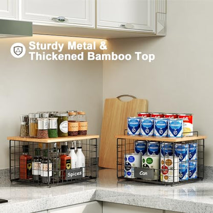 2 Pack Stackable Wire Baskets with Bamboo Top,Pantry Organizers Counter | Potato and Onion Storage Bin with Labels & 2 Pads, Kitchen Organization for Fruit, Vegetable, Produce, Bread, Cabinet - size: XXL-15.2x11.02x9.84