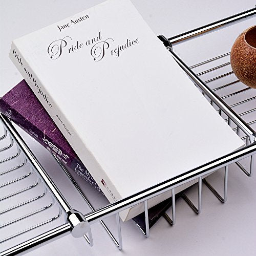 Brass Expandable Bathtub Caddy Over Tub Rack with Chrome Polished Finish for Elegant Bath Storage