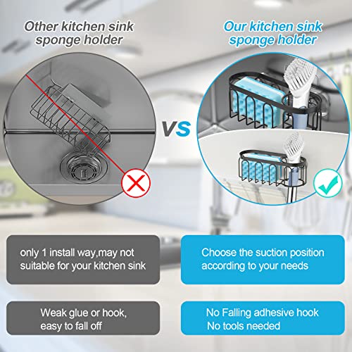 2-in-1 Sponge Holder for Kitchen Sink, Sink Caddy Kitchen Sink Organizer with 3 Suction Cups, No Drill Rustproof Sink Sponge Holder for Dish Brush, Soap & Sponge (Black) - color: A Style-Black