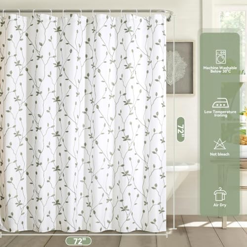 Embroidered Leaf Farmhouse Shower Curtain,Faux Linen,72x72,White Sage Green | Boho Modern Shower Curtain Set, Washable & Waterproof Fabric, Floral Shower Curtains for Bathroom with Hooks - color: White Sage Green