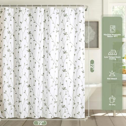 Embroidered Leaf Farmhouse Shower Curtain,Faux Linen,72x72,White Sage Green | Boho Modern Shower Curtain Set, Washable & Waterproof Fabric, Floral Shower Curtains for Bathroom with Hooks - color: White Sage Green