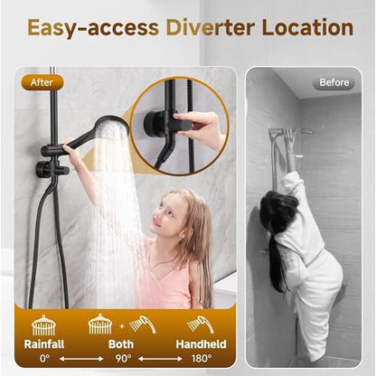 BRIGHT SHOWERS Rain Shower System Combo - 9 Inch Rainfall & Handheld Shower Heads with Power Wash, Solid Brass Rail, Height Adjustable Holder, 60 Inch Long Stainless Steel Hose, Matte Black - color: Matte Black, size: 1.8 Gallon Per Minute