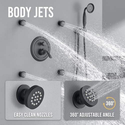 DASAN Antique Shower Faucet Sets Complete Rain Shower System in Wall with Body Shower Spray Jets, Matte Black Shower Fixtures with 9’’ Rainfall Overhead Shower, Handheld, Valve & Trim Kit, AT249W-MB - color: Matte Black
