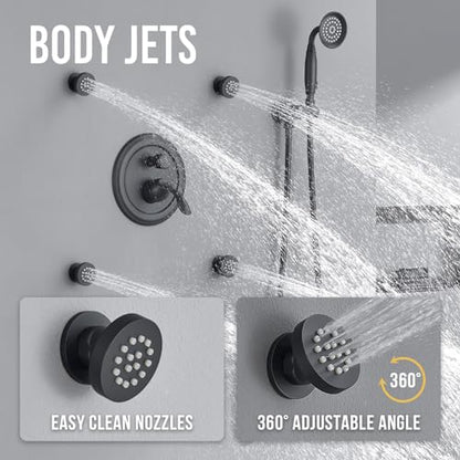 DASAN Antique Shower Faucet Sets Complete Rain Shower System in Wall with Body Shower Spray Jets, Matte Black Shower Fixtures with 9’’ Rainfall Overhead Shower, Handheld, Valve & Trim Kit, AT249W-MB - color: Matte Black