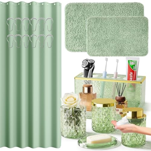 Bathroom Accessories Set - 20PCS Green Glass Bathroom Set with Shower Curtain and Rugs, Soap Dispenser, Soap Dish, Cup, Qtip Jar, Toothbrush Holder, Stylish & Functional Bath Decor for Home, Apartment - color: Green Bathroom Set