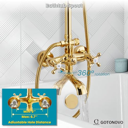 gotonovo Exposed Shower Tub Faucet Set 3 Function Wall Mount,Polish Gold | Shower System Fixtures with Tub Spout,8” Rain Head and Handheld,360°Rotation,Adjustable Height,for 5-6.7" Hole,Outdoor/Indoor - color: Bright Gold