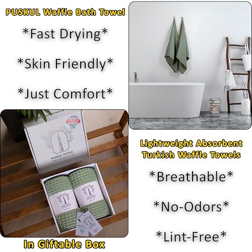 PÜSKÜL Natural 100% Turkish Cotton Waffle Bath Towels Set of 2, Extra-Large | Sage Green, Oversize 32x63" Bath sheet towel for bathroom & beach. Honeycomb-Waffle weave, Premium oeko-tex made in Turkey. - color: Sage Green, size: Bath Towels - Pack of 2