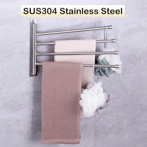 Swivel Towel Bar 4-Arm Bathroom Towel Holder Wall-Mounted Swing Out Towel Rack with Hooks Rustproof Brushed Finish - color: Brushed