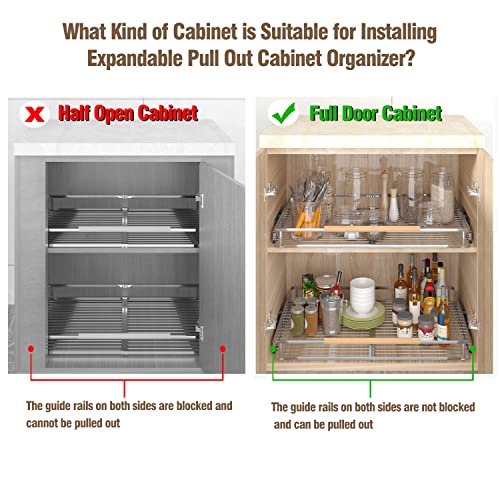 Pull Out Cabinet Organizer, 12.2~17.9" W x 22.5" D | Expandable Soft Close Pull Out Drawers with Heavy Duty Slides, Adjustable Width Stainless Steel Roll-out Cabinet Drawer - color: 1Pack, size: Small- 12.2~17.9"W x 22.5"D