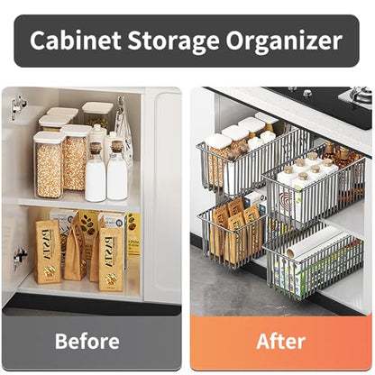 Pull Out Cabinet Organizer 2 Pack, Black Metal Storage Basket for Kitchen Cabinet, Bathroom, Under Sink, Self Adhesive Slide Out Pantry Shelves Drawer Storage, 15.8" LX 5.9" WX5.9 H