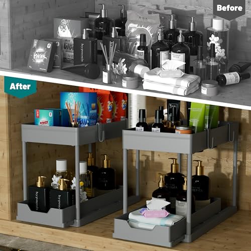 DEKAVA 2 Pack Under Sink Organizer, 2-Tier Sliding Cabinet Basket, Grey - color: Grey