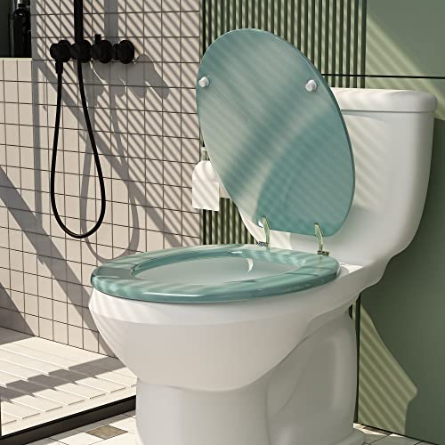 Round Toilet Seat Wood Toilet Seat Prevent Shifting with Zinc Alloy Hinges American Standard Size Toilet Seat Easy to Install also Easy to Clean(Round,Sparkling Turquoise) - color: Turquoise, size: Round