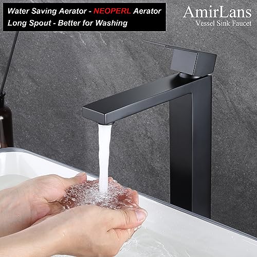 Matte Black Vessel Sink Faucet, Single Hole Tall Bathroom Faucet | Stainless Steel 1 Hole Black Matte Faucet for Bathroom Sink, Tall Vanity Faucet with Pop Up Drain - color: Matte Black, size: Tall