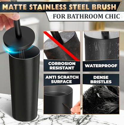 Stainless Steel Toilet Brush and Holder Set, Splash Guard (Black) | Matte Black Toilet Brush and Holder Set, Removable Bowl, Dense Bristles, Long Handle, Scratch Resistant, for Modern Bathrooms - color: Black