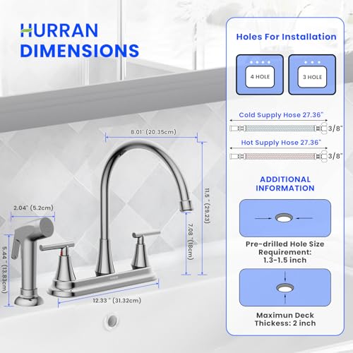 HURRAN 2-Handle Kitchen Faucet with Pull-Out Side Sprayer, 8 Inch High Arch Stainless Steel 360°Rotating Kitchen Sink Faucet, 4 Hole Faucet for Kitchen Bar Rv Camper, Chrome - color: Chrome, style: With Side Sprayer
