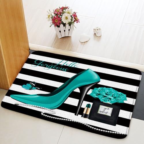 Flower Butterfly Bath Mat Hello Gorgeous Fashion Girl Black Perfume Bottle Lipstick Turquoise High Heel Rose Floral Romantic Lover Girls Bathroom Rug Kitchen Toilet Floor Carpet 24x35 Inch - color: Teal, size: 24x35 Inch