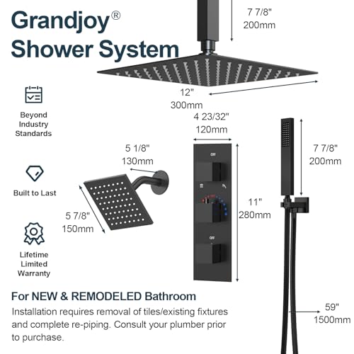 3-Function Thermostatic Shower System with Dual Rainfall Heads, Handheld Sprayer Matte Black - color: Matte Black