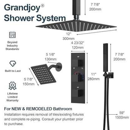 3-Function Thermostatic Shower System with Dual Rainfall Heads, Handheld Sprayer Matte Black - color: Matte Black