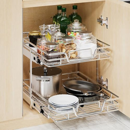 2-Tier Kitchen Cabinet Pull Out Cabinet Organizer,Shelf and Drawer Organizer Slide Out Pantry Storaqe Basket in Multiple Sizes (17" W x 21" D) - size: 17" W x 21" D