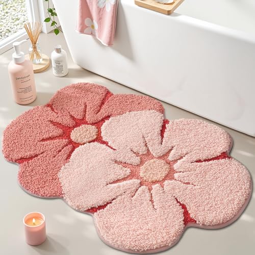 LUMI Flower Bathroom Rug, Absorbent Non Slip Bath Mat, 24"x36", Pink Flower | Funny Soft Plush Microfiber Rug, Quick Dry, Washable Cute Pink Bath Mats for Shower Floor, Sink Bathtub, Bedroom, Kids Room - color: Floral-bliss Pink-large