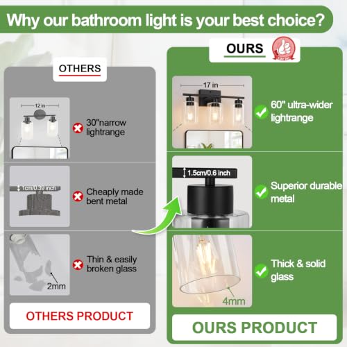 3-Light Bathroom Light Fixtures, Modern Black Vanity Light with Clear Glass Shades for Bathroom Vanity Lighting - color: Matte Black, size: 3-light