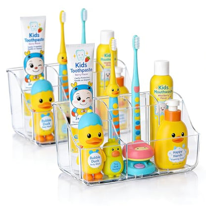 Sotfamily Clear Kids Toothbrush Holders for Bathrooms, 2-Pack(No-Drill) | Space-Saving Wall-Mounted Tooth Brush & Toothpaste Holder for Bathroom Countertop or Wall, Bathroom Organizers and Storage - size: 2 Packs