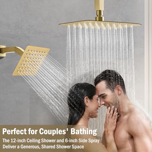 12 Inch Rain Shower System, Brushed Gold Shower Faucet Set with Push Button Diverter, 6 Inch Wall Mounted 3-Functions Bathroom Shower Systems with Dual-Function Handheld - style: UFO